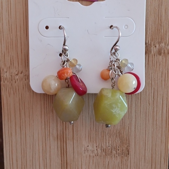 Silver Tone Multi Colored Faux Stone Bead Dangle Earrings - Picture 4 of 5